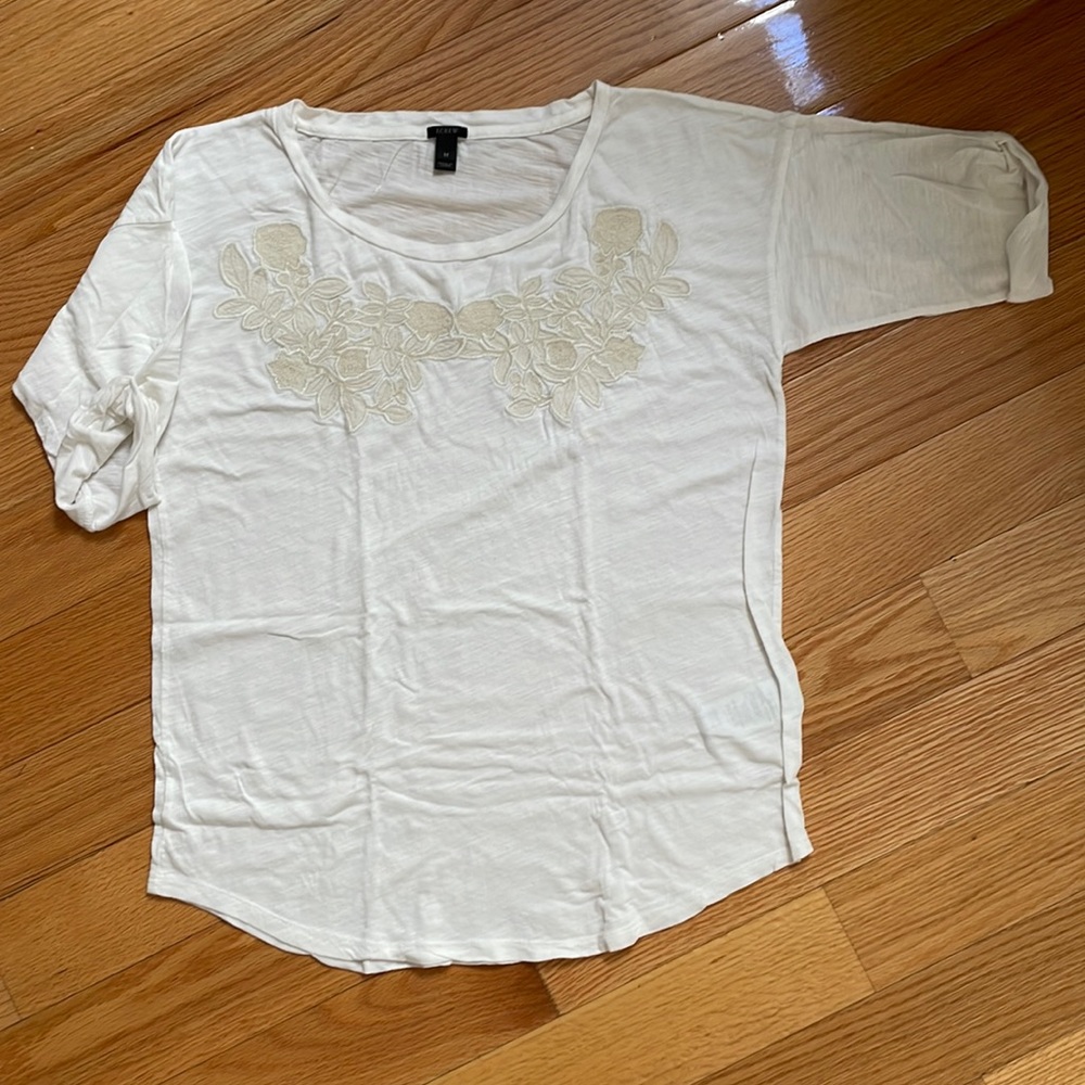 J. Crew Off White Embroidered Floral 3/4 Sleeve Top Size Medium